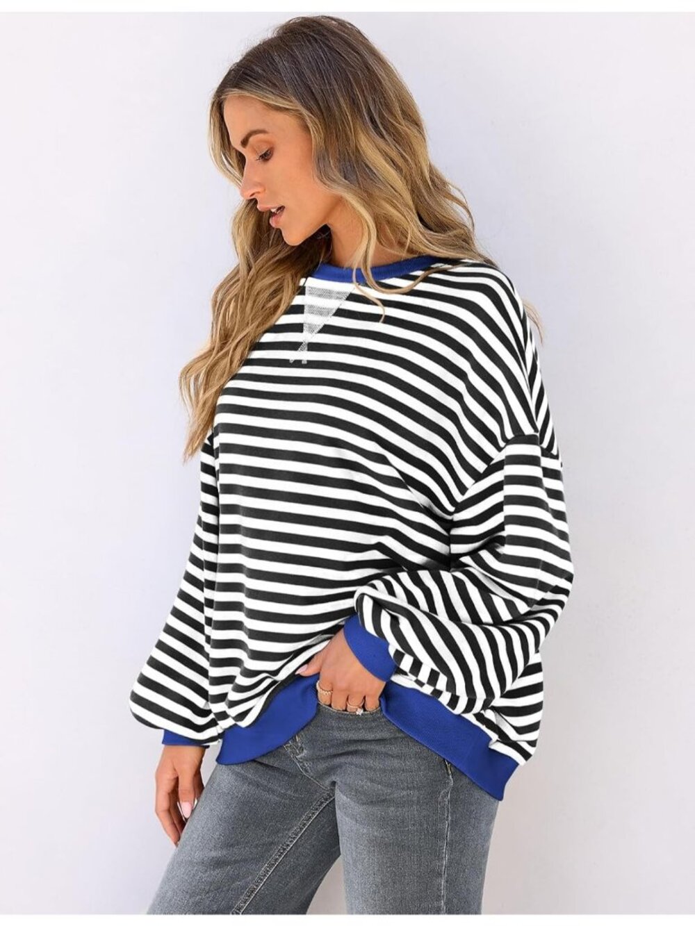 Women's Black Stripe Long Sleeve Pullover Oversized Crewneck Casual Sweaters - Picture 4 of 5